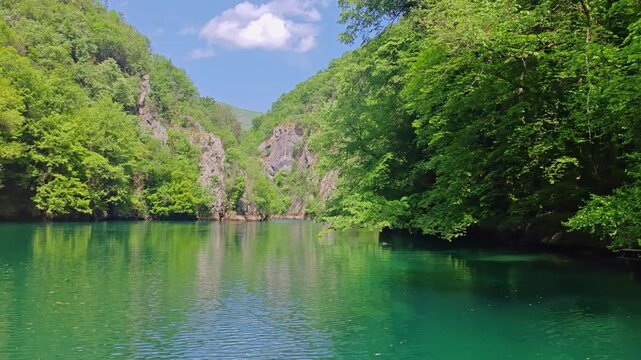 Aerial View of Canyon Matka: Nature's Reserve near Skopje, North Macedonia. Top View on River Between Mountains. Drone Video