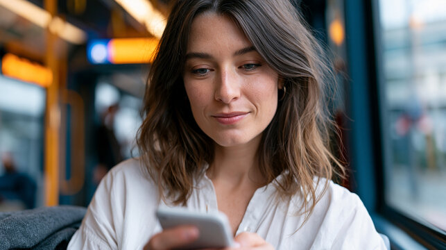 Startup founder in her thirties reviewing ovulation tracking data on a femtech wearable app during a rushed morning commute, urban transit backdrop blurring behind her focused expression, fertility 