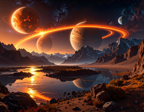 Exoplanet landscape with ringed planets view