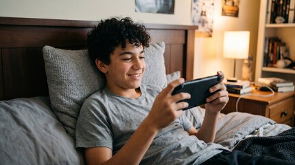 Fototapeta premium Teenager boy playing video game on handheld console in bedroom. Gaming addiction and digital entertainment concept. Young student relaxing with gadget during leisure time at home environment.