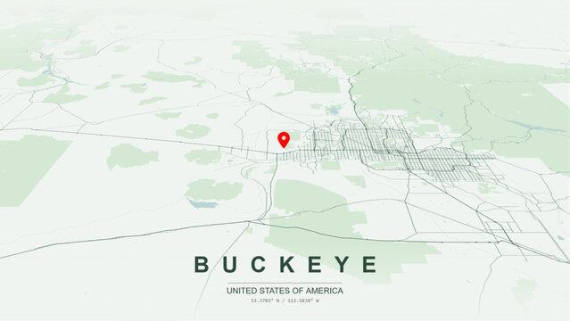 Modern minimalist vector map of Buckeye, Arizona, USA. High-quality scalable illustration of Buckeye city grid, Gila River waterfront contours, Interstate 10 Papago Freeway axis for posters design.