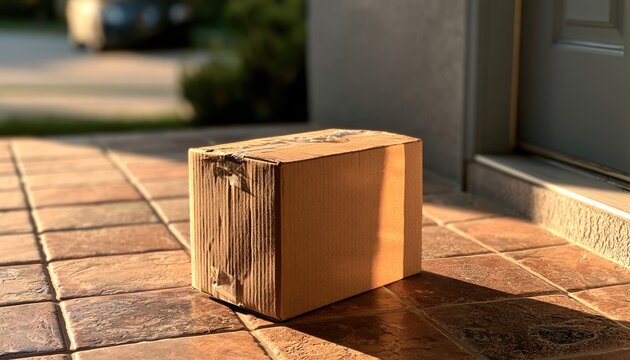 A slightly damaged cardboard box rests on a tiled porch near a door