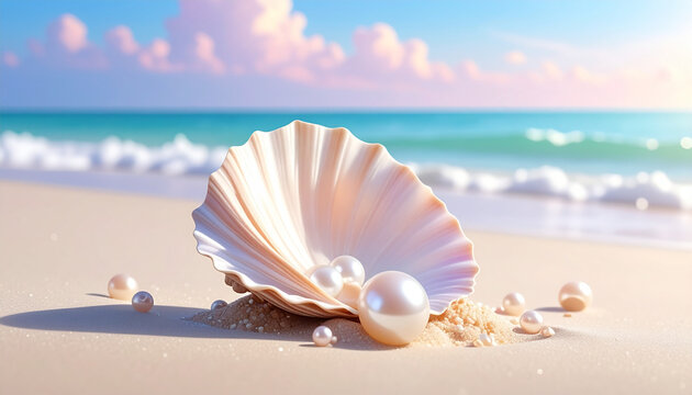 Seashell with pearls on a sunny beach