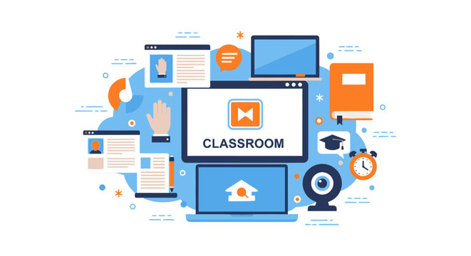 Online Classroom and E-Learning Platform Concept Illustration. Flat Vector Design for Virtual Education, Digital Learning Tools, and Remote Schooling.