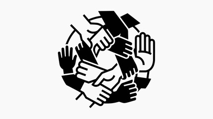 Obraz premium A circular graphic illustrates unity and collaboration, with multiple hands interlocking and reaching in various directions, symbolizing connection and collective effort.