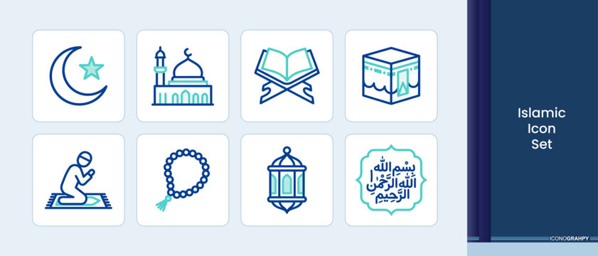 Islamic religious icon set for ramadan and muslim culture with religious traditional spiritual religion illustration
