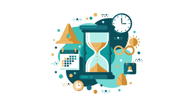 Time Management Concept Illustration with Hourglass, Analog Clock, Calendar and Productivity Icons for Business Planning