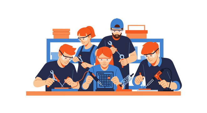 STEM Education and Technical Training Workshop with Team of Young Engineers Soldering Electronics and Building Circuit Boards
