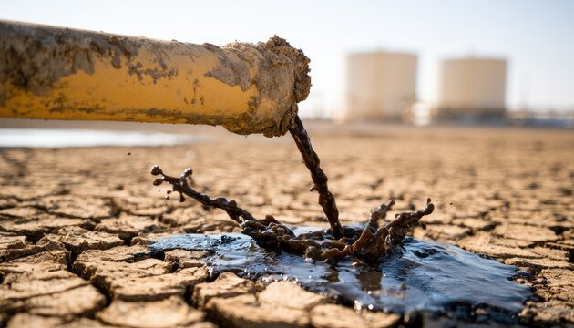 Thick dark liquid pours from pipe onto dry cracked earth