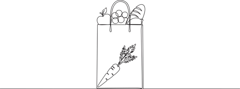 Continuous line art drawing of Grocery food basket, fruits and bread in the papper bag. one line Icon drawing