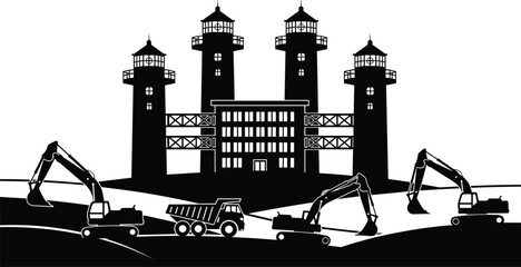 Architectural industrial flat vector illustration featuring central building, lighthouse towers, construction vehicles, excavators, dump truck, development design artwork concept © MD Tariful islam