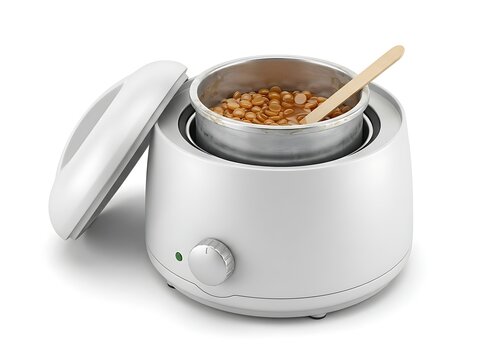 Professional wax heater for hair removal with melting wax beads and wooden spatula isolated on white background