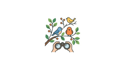 Birdwatching: Hands Holding Binoculars Observe Birds on a Tree Branch © Danang