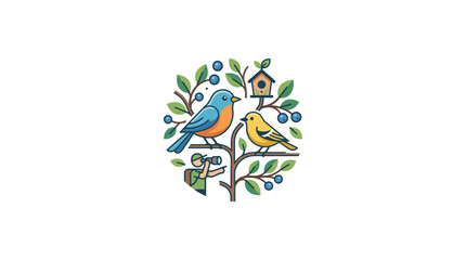 Birdwatching Illustration: Photographer Captures Bluebird and Chickadee on Branch with Birdhouse © Danang