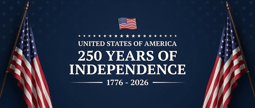 United states of america two hundred fifty years of independence banner with american flags and anniversary celebration text 1776 to 2026 for patriotic event design.