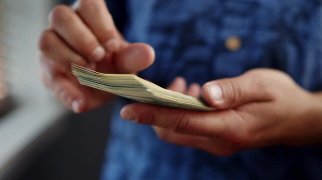Hands skillfully sort through fresh banknotes, sunlight streams in, creating a warm glow. The joy of handling money brings a moment of satisfaction and anticipation