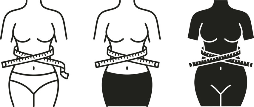 Set of female waist measurement icons, slim and overweight body shapes