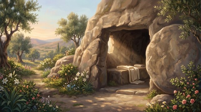 Empty tomb of Jesus Christ with white shroud on stone bench. Biblical landscape with open grave, olive tree and flower after resurrection. Religious Christian Easter art illustration.