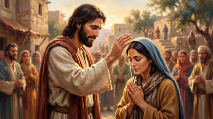 Fototapeta premium Jesus blessing a woman in a biblical town. Spiritual scene depicting an act of faith, healing, and divine grace. Religious tradition, historical narrative, and christian worship concept.