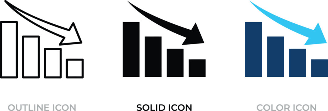 Set of bar chart icons with downward arrow representing decline or loss