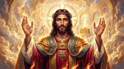 Obraz premium Jesus Christ with crown of thorns and raised hands showing stigmata in heaven. Divine light and fire with angels in celestial throne room. Religious illustration of savior redemption.