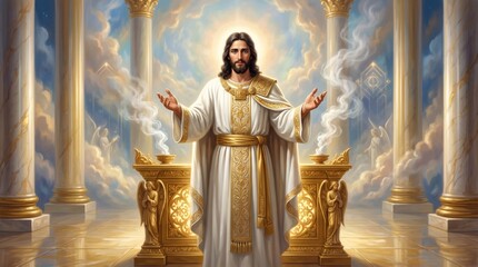 Obraz premium Jesus Christ standing in heaven with open arms. Divine figure in white robe inside ornate temple with glowing light. Spiritual manifestation, symbol of faith, love, and salvation.