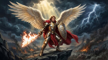 Obraz premium Archangel warrior with sword and shield standing on cliff during battle. Man angel in golden armor with wings against stormy sky. Fantasy religious concept of divine power and victory.