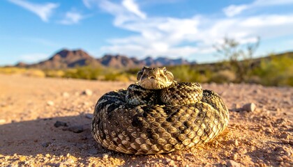 Naklejka premium A coiled rattlesnake in a desert landscape with mountains