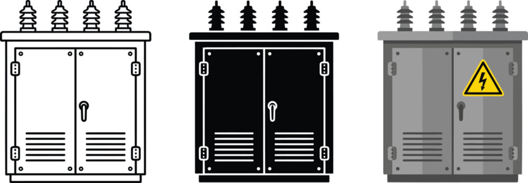 Electrical transformer box icons set power distribution cabinet in outline, silhouette, and flat color style