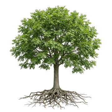 Ash tree with compound leaves and balanced canopy, full roots visible, isolated on white background