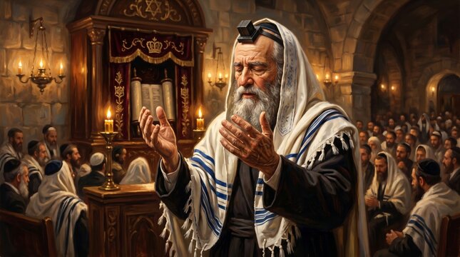 Elderly Jewish man praying with tallit and tefillin in synagogue. Religious service with people in temple. Jewish spirituality, faith, worship and tradition in culture.