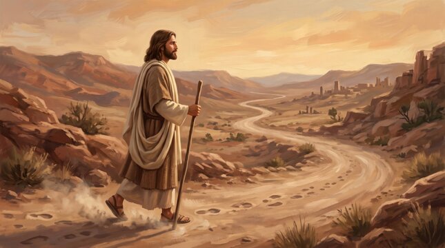Jesus Christ walking on desert road with walking stick. Faithful religious illustration of spiritual journey. Biblical scene of prophet in landscape. Christian faith and savior concept.