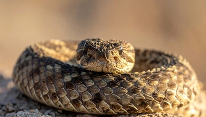 Obraz premium A coiled venomous snake with a diamond-shaped pattern on its scales