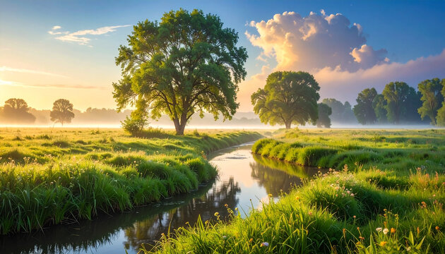 Scenic river flows through lush green meadow