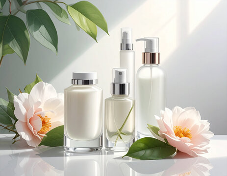 Skincare product bottles with flowers display