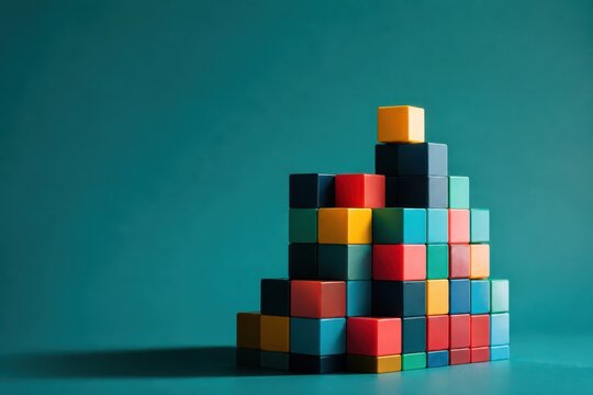 Colorful stacked cubes on teal background with copy space for abstract banner layout and modern geometric design