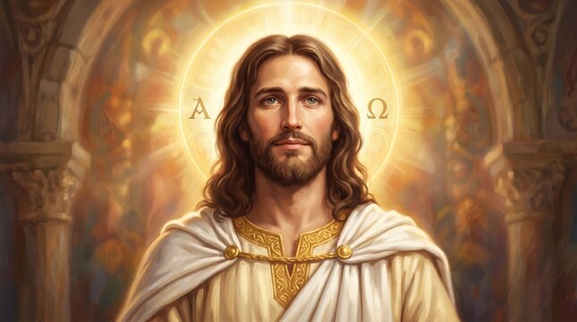 Jesus Christ portrait with halo and alpha omega symbols. Religious figure of Christian faith inside glowing ancient cathedral arch. Digital art of savior for church and worship.