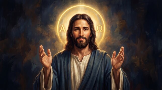 Portrait of Jesus Christ with a glowing halo and alpha omega symbols. Artistic depiction of the savior with open arms for Christian prayer, worship, Easter and religious spirituality.