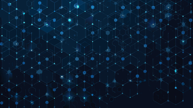 Hexagonal network pattern with glowing blue nodes on a dark background