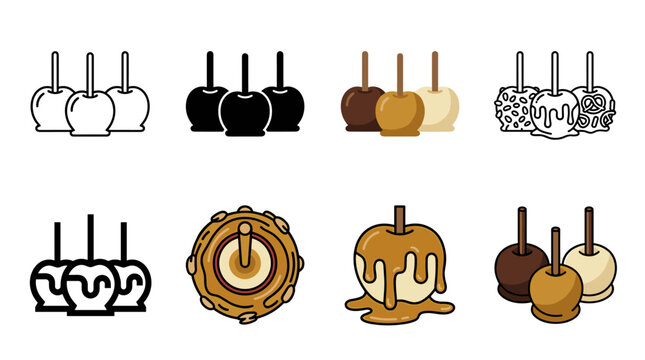 Caramel Apple Flat Vector Icon Set Candy Toffee Dipped Fruit Stick Halloween Fall Treat
