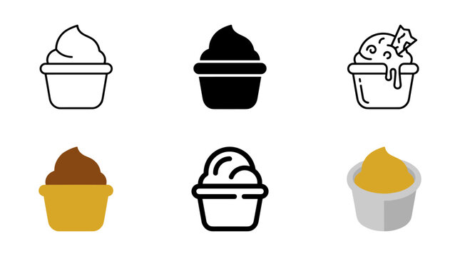 Frozen custard cup icon set with outline silhouette flat amber swirl scoop sauce drip and isometric vector styles
