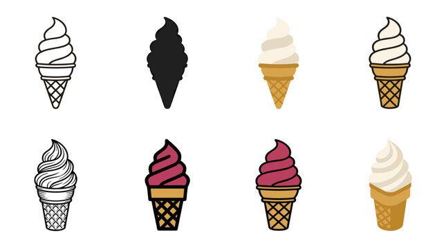 Soft serve ice cream cone icon set with outline silhouette flat vanilla berry swirl waffle and isometric vector styles