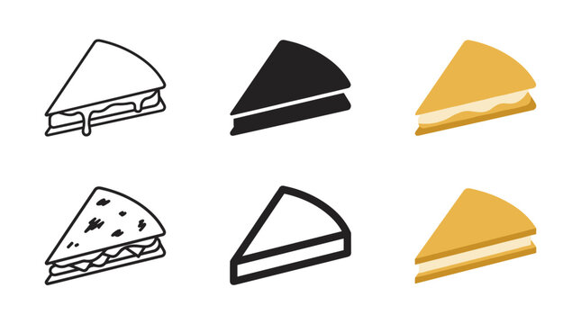 Quesadilla wedge icon set with outline silhouette flat golden tortilla cheese layer drip and isometric vector styles