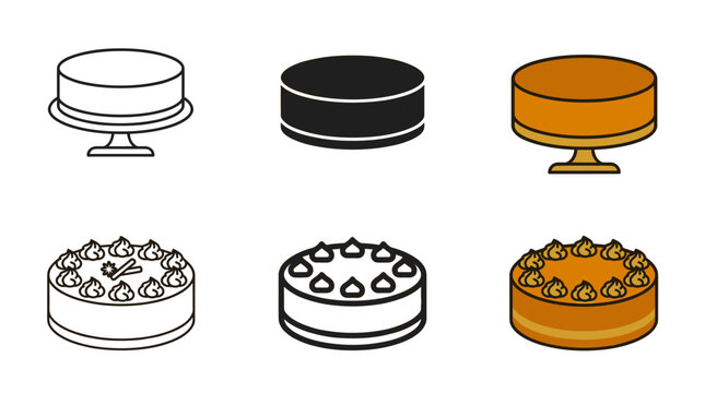 Pumpkin cheesecake icon set with outline silhouette flat amber cream rosette spice garnish and isometric vector styles