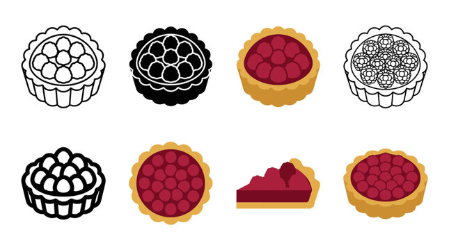 Raspberry tart icon set with outline silhouette flat ruby berry fluted shell slice and isometric vector styles