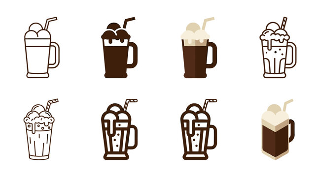 Root beer float icon set with outline silhouette flat dark mug ice cream scoop straw and isometric vector styles