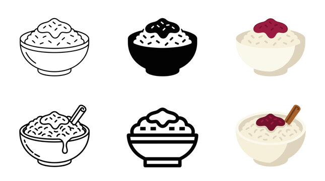 Rice pudding bowl icon set with outline silhouette flat cream berry compote cinnamon and isometric vector styles