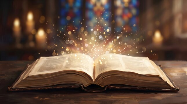 Open book with magical light glowing from pages on wooden table. Fantasy story conceptual art of wisdom and imagination. Enchanting book knowledge for education and inspiration theme.