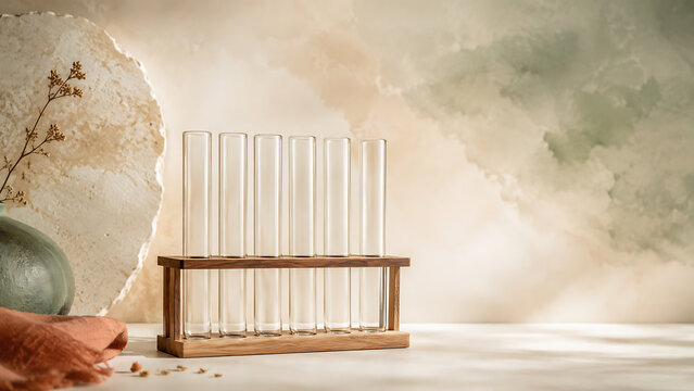 Six empty glass test tubes in a wooden rack on a textured beige and green background