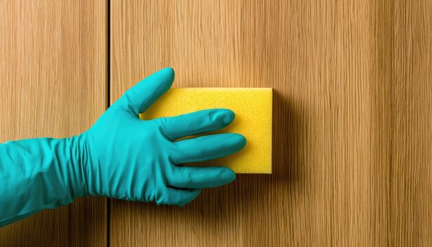Gloved hand wipes a wooden surface with a yellow cleaning sponge
